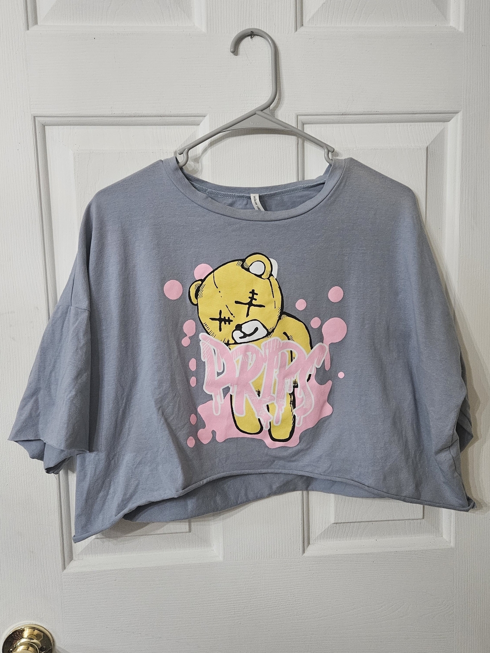 Yellow Cabbage Grey Love Bear Cropped Grunge Graphic Tee Large Y2K Aesthetic